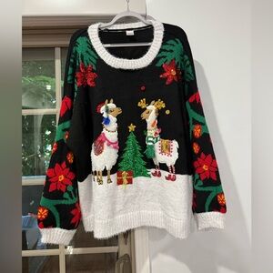 Holiday Time Black and White Crew Neck Sweater with Festive Llama Design